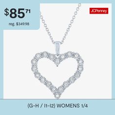 Features: Adjustable, Quick ShipDiamond Clarity: I1-I2Jewelry Closure: Spring Ring ClaspSetting: NickShape: HeartStone Cut: RoundDiamond Color: G-HMetal Color: WhiteChain Length: 18 InchPendant Length: 25mmPendant Width: 22mmRounded Carat Weight: 1/4 Ct. T.w.Chain Construction: BoxCare: Wipe CleanStone Type: 20 Lab Grown DiamondAuthenticity: Lab Grown DiamondBirthstone: April BirthstoneMetal: Sterling SilverNecklace Type: Pendant NecklacesCountry of Origin: Imported Open Heart Necklace For Anniversary, Round Heart Necklace For Mother's Day, Heart Pendant Necklace For Anniversary Gift, White Heart Necklace For Anniversary, Sterling Silver Heart Pendant, Silver Heart Pendant, Sterling Silver Heart, Heart Pendant Necklace, Silver Heart