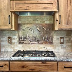 a stove top oven sitting inside of a kitchen next to wooden cupboards and cabinets