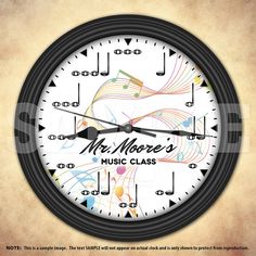 a clock with music notes on it and the words mr moore's music class