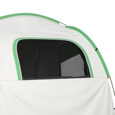 a white and green tent with the door open to show it's side window