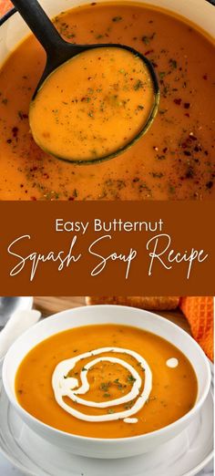 a bowl of easy butternut squash soup recipe with a spoon in it and the title overlay reads easy butternut squash soup recipe