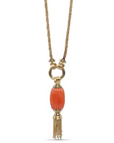 Estate Jewelry Coral Tassel Necklace 18k gold Coral 242.64 total carat weight Tassel design Carved detailing Gold bail Twisted rope chain Box clasps with lock Elegant Yellow Gold Jewelry With Tassels, Luxury Formal Tassel Jewelry, Rope Chain, Estate Jewelry, Tassel Necklace, Tassels, 18k Gold, Coral, Chain