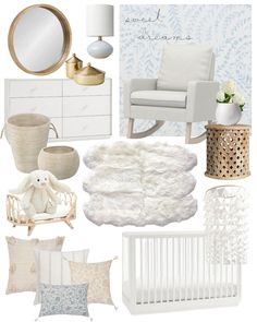 a baby's room with white furniture and accessories