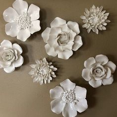 white ceramic flowers are arranged on the wall