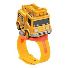 a yellow toy truck sitting on top of a plastic ring with an orange strap around it