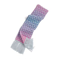 a multicolored knitted scarf with fringes on it and the words,