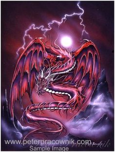 a red dragon with lightning in the background