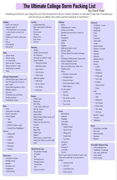 the ultimate college dorm packing list is shown in purple and white, with text on it