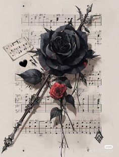 a black rose on sheet music with notes