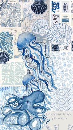 an octopus and jellyfish collage is shown in blue