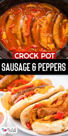 two hot dogs in a crock pot with sausage and peppers on the side, next to a bowl of chili