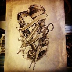 a tattoo design with scissors and ribbon