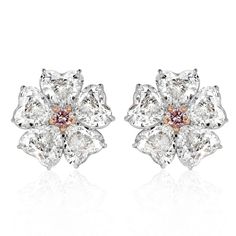 10.64ct Heart Shaped Diamond Earrings with Pink Diamond Centers Heart Shaped Diamond Earrings, Heart Diamond Earrings, Pink Diamond Earrings, Canary Diamond, White Gold Diamond Earrings, Mark Broumand, Feminine Jewelry, Gold Diamond Earrings Studs, Diamond Necklace Designs