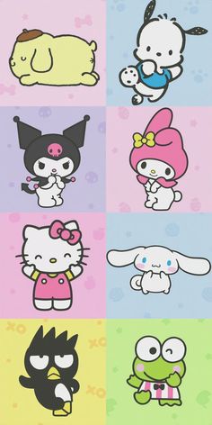 hello kitty and other cartoon characters are shown in four different colors, each with an image of