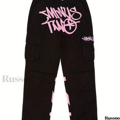 Russoo - Mens Y2K Inspired Cargo Pants with Trendy Doodles Pattern: Baggy Trousers for Casual Outdoor Wear and Street Style Hip Hop Style Cargo Pants With Letter Print, Hip Hop Cargo Pants With Letter Print For Streetwear, Minus Two Pants, Baggy Letter Print Cargo Pants For Streetwear, Baggy Cargo Pants With Letter Print For Streetwear, Urban Cotton Bottoms With Graffiti Print, Casual Graffiti Print Bottoms For Streetwear, Hip Hop Cotton Bottoms With Graffiti Print, Casual Graffiti Print Streetwear Pants