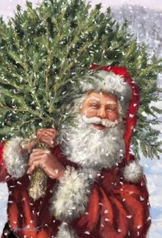 a painting of santa claus carrying a christmas tree in his hand and smiling at the camera