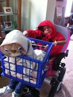 a child in a red jacket is sitting in a blue shopping cart with stuffed animals