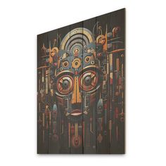 a wooden wall hanging with an image of a face made out of different types of objects