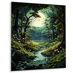 a painting of a stream in the woods with trees and flowers on it, under a full moon