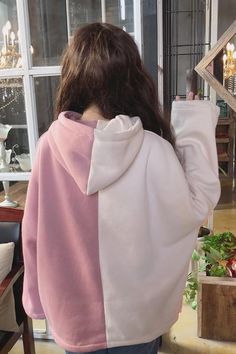 Cute Double Half Colors Hoodie – Tomscloth White Long Sleeve Hoodie With Patchwork, Pink Patchwork Hoodie For Winter, Pink Patchwork Hoodie For Fall, Pink Long Sleeve Sweatshirt With Patchwork, Pink Patchwork Long Sleeve Sweatshirt, Pink Long Sleeve Patchwork Sweatshirt, Pink Oversized Long Sleeve Hoodie, Winter Pink Patchwork Hoodie, Oversized Patchwork Hoodie With Long Sleeves