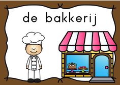 a sign that says de bakeri in front of a building with a chef standing outside