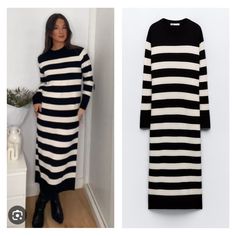 Nwt Zara Long Knit Dress White Midi Sweater Dress For Fall, White Ribbed Midi Dress For Winter, White Knit Midi Sweater Dress, Casual Long White Sweater Dress, Chic Long Striped Dress, White Long Sleeve Midi Dress For Winter, White Knit Dresses For Work, White Long Knitted Dress, Chic Long White Sweater Dress