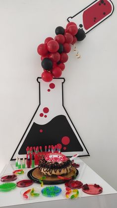 a table topped with a cake covered in red and black balloons next to a science beak