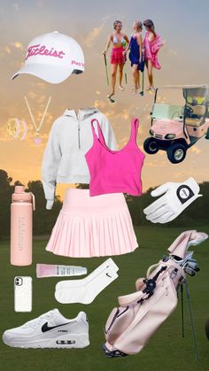 a collage of various items including clothing, shoes and golf clubs is shown in this image