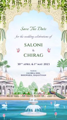 save the date card with water fountain and peacocks in front of an ornate arch