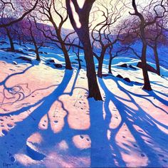 a painting of trees in the snow with their shadows cast on them and one tree has no leaves