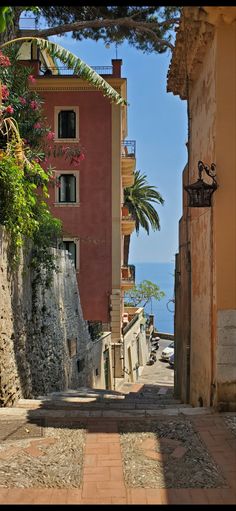 an alley way leading to the ocean with buildings on both sides and palm trees in the background