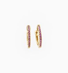 Made to wear your way. A classic and timeless earring style studded with gorgeous rubies. You can show these off at any event or wear as part of your everyday ensemble. We love that they can feel elegant and luxe but also be dressed down for a casual date night. Easy to wear and even harder to take off! Elegant 14k Gold Pink Hoop Earrings, Elegant Pink 14k Gold Hoop Earrings, Fine Jewelry Pink Sapphire Earrings In Yellow Gold, Elegant Yellow Gold Earrings With Pink Sapphire, Elegant Pink Sapphire Earrings In Yellow Gold, Gold Hoops Earrings, Gold Hoop Earring, Casual Date Night, Hoops Earrings