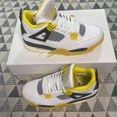 Brand: Jordan Category: Sports Shoes Size: Eu 40 Series: Air Jordan Closed: Lace-Up For More Informations Contact Us Yellow Jordans, Black And White Jordans, Orange Yellow Color, Pretty Sneakers, Jordan Retro 4, 11th Grade, White Jordans, Girly Shoes, Yellow Shoes