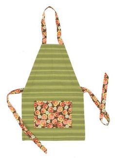 a green apron with flowers on it