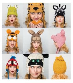 a group of women wearing knitted hats with different animals on them, all in various colors