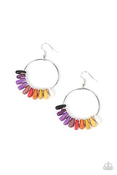 A rainbow of multicolored stones are separated by dainty silver discs along a silver hoop, resulting in a colorful and earthy fringe. Earring attaches to a standard fishhook fitting.

 Sold as one pair of earrings. Squirrel Jewelry, Fringe Earring, Copper And Pink, Tassel Earing, Dainty Band, Dainty Hoop Earrings, Coil Bracelet, Paparazzi Accessories, Rhinestone Bracelet