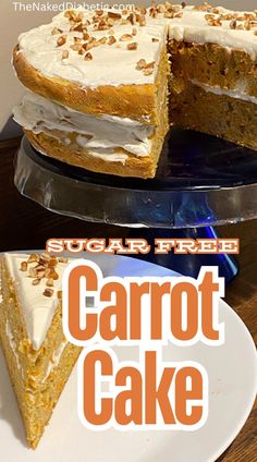 there is a carrot cake with white frosting on the top and one slice missing