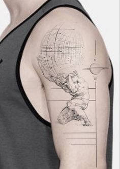 a man with a tattoo on his arm that has an image of a person holding a ball