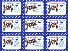 blue and white candy bar wrappers with the words joy on them