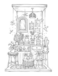 a black and white drawing of a living room with plants on the table, potted plants