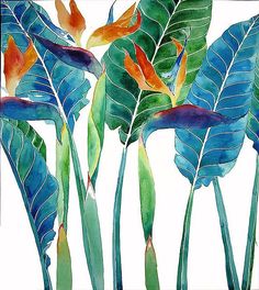 watercolor painting of tropical plants and leaves