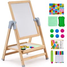 a wooden easel with markers and felt on it