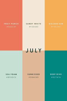 four different colors with the words july on them in black, white, orange and green