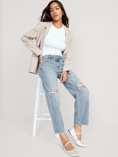 Mid-Rise Boyfriend Loose Ripped Jeans for Women | Old Navy Womens Ripped Jeans, Ripped Boyfriend Jeans, Loose Fit Jeans, Loose Jeans, Petite Jeans, Light Wash Denim, Petite Size, Ripped Jeans, Mid Rise