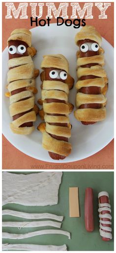 hotdogs with googly eyes are on a plate next to other food items