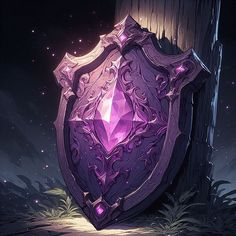 a purple shield sitting on top of a wooden pole