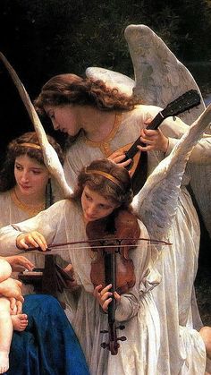 an angel playing the violin with other angels