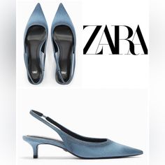 Genuine Zara New With Tag Material: Fabric Upper Color: Denim Blue Low Heel Slingbacks In Blue Denim. Modern & So Chic! Pointed Toes. Euro Size 39 Blue Pointed Toe Slingback Pumps For Work, Blue Slingback Pumps For Work, Spring Denim Blue Pointed Toe Heels, Chic Blue Slingback Pumps For Summer, Spring Formal Denim Heels, Blue Slingback Pumps With Ankle Strap For Spring, Blue Ankle Strap Slingback Pumps For Spring, Blue Summer Heels For Workwear, Blue Summer Heels For Work