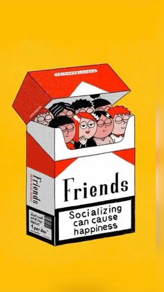 a box of friends sitting on top of a yellow background with the caption, socializing can cause happiness