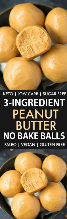 three ingredient peanut butter no bake balls in a skillet with text overlay